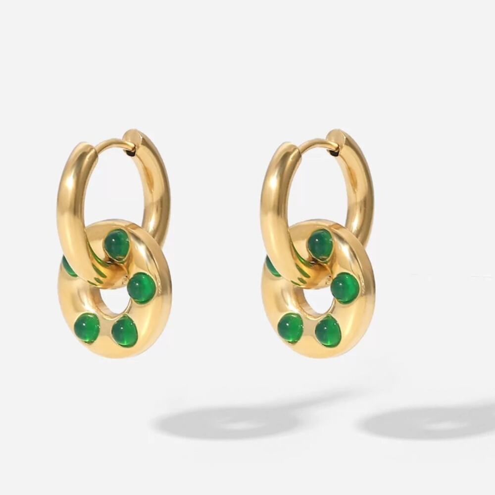 NEW 14K yellow gold stainless steel faux green agate drop earrings jewelry B20 - Picture 4 of 10